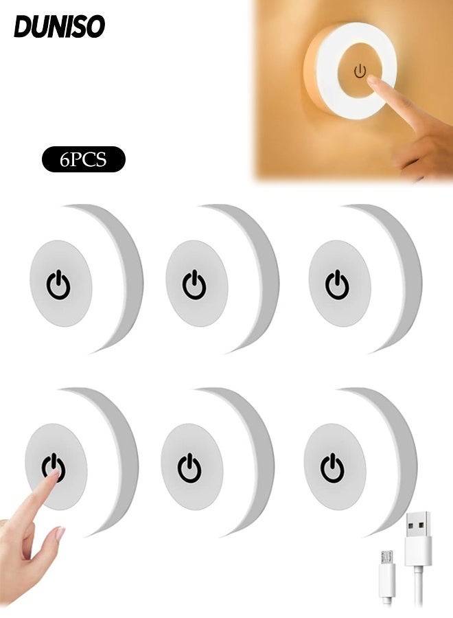 DUNISO Rechargeable LED Closet Lights,LED Puck Lights,Touch Light 3 Colors Dimmable Stick On Mini Wireless Closet Tap Lamp with USB Rechargeable,Suitable for Bedroom,Kitchen,Bathroom Wardrobe,Night (6 Pack) - Image 1