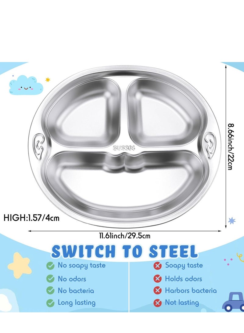 6 Pcs Stainless Steel Kids Plates 3 Sections Divided Unbreakable Dinner Plates Cute Monkey Shape bowls for Babies, Toddlers and Kids Lunch, Portion Control, Camping  - Image 2