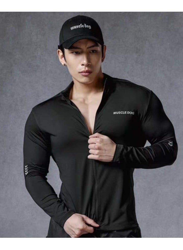 MUSCLEDOG Men's Compression Sport Full Zip T-Shirt, Long Sleeve Gym Running Fitness Top, Tight Sportswear for Hiking, Rashguard Sweatshirt  - Image 1