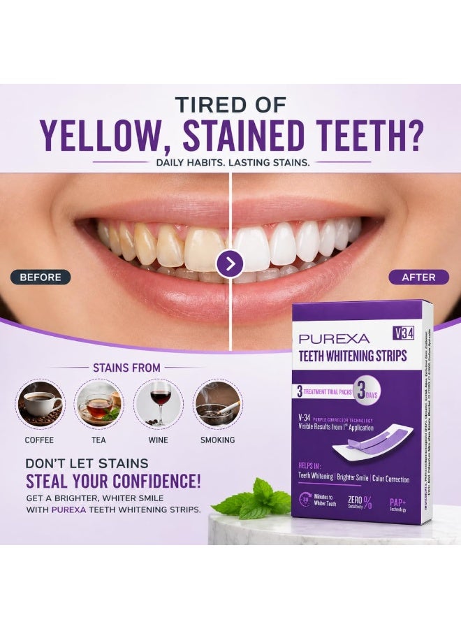 PUREXA PAP+ Teeth Whitening Strips 3 PCS | V34 Enamel-Safe Whitening | Removes Coffee, Tea & Tobacco Stains | Smile Brightening Oral Care Kit for Men & Women - Image 3