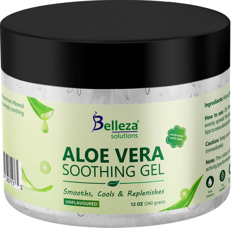 Belleza Solutions Aloe Vera Soothing Gel from freshly cut 100 Pure Aloe  Big 12oz  Vegan Unscented  For Face Skin Hair Sunburn relief Unflavored 
