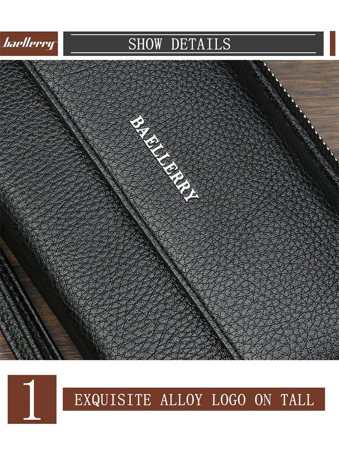 general محفظة طويلة للرجال - حقيبة بسحاب بلون متباين بسعة كبيرة تصميم فتحات متعددة للبطاقات - حقيبة كلاتش مصنوعة من مادة PU عالية الجودة من الجلد الناعم، مناسبة لحقيبة يد عصرية ذات طابع قديم نسخة مطورة حقيبة موبايل بسعة كبيرة - Image 2