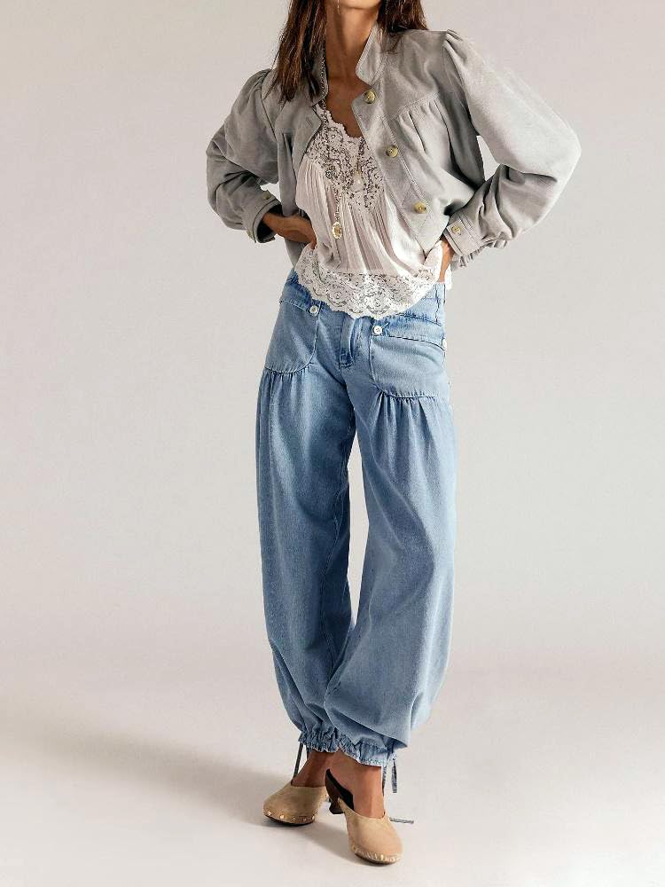 yoeasy Women's Lotus Tube Jeans Mid Rise Baggy Wide Leg Barrel Jeans Drawstring Ankle Denim Pants with Pockets (Medium, Light Blue) - Image 3