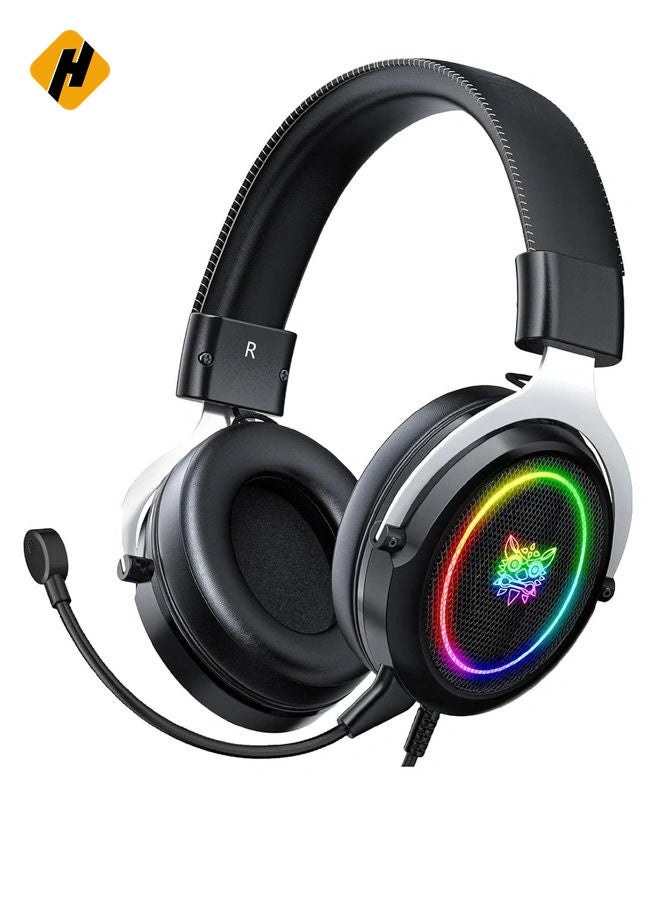 HuHa Wired Gaming Headsets RGB LED Headphones w/Mic for PS5/PS4 Black Silver  - Image 1