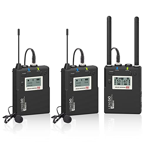 LENSGO Wireless Lavalier Microphone, UHF Professional Omnidirectional 338C Dual Transmitter Lapel Mic with Metal 492FT for Camera DSLR Smartphone Video Recording - Image 1