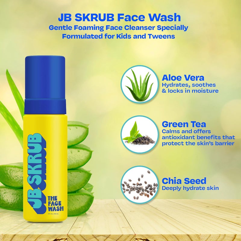 JB SKRUB The Face Wash - Gentle Facial Cleanser for Kids, Tween and Teen Boys - Fragrance-Free Foaming Face Wash with Aloe Vera & Chia Seed for Sensitive Skin - 5 Fl. Oz - Image 3