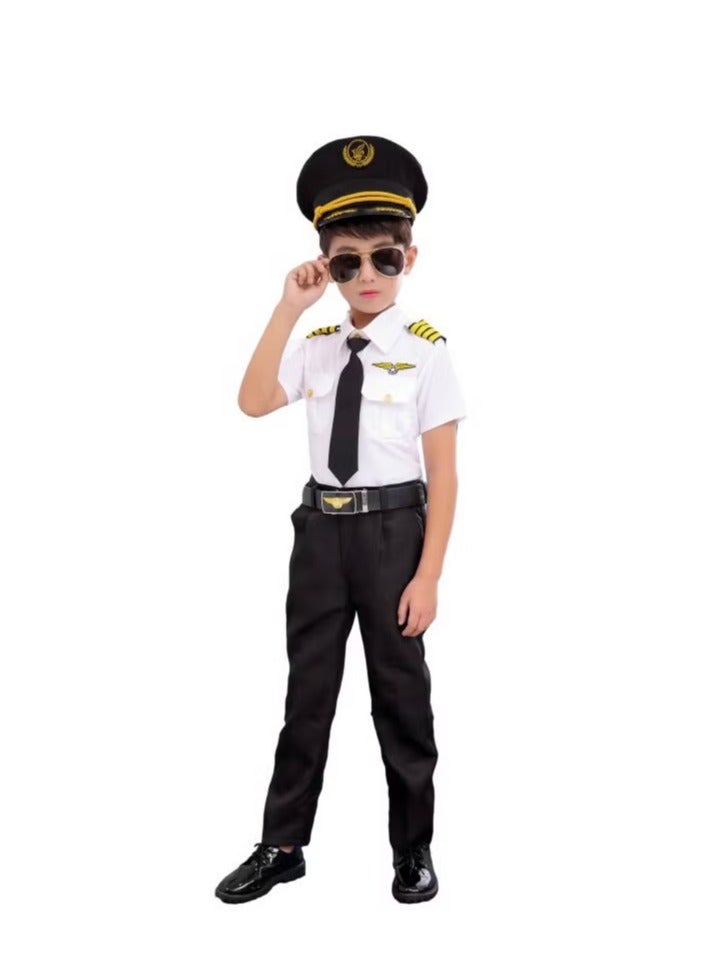 Children's Pilot Role-Play Costume Set - Airline Captain Uniform - Career Day Outfit for Kids  -(Costume set includes: short-sleeved shirt + trousers + belt + sunglasses + hat + tie + epaulettes & badges) - Image 2