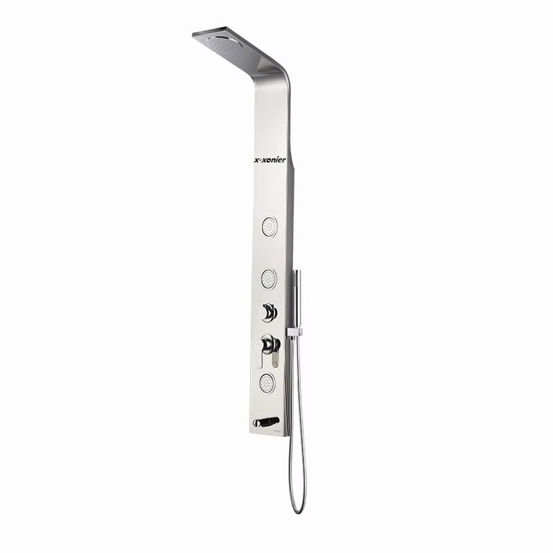 X-XONIER Stainless Steel 304 Grade Shower Panel 4-in-1 Tower System Rainfall shower Body Massage Spray Handheld shower Easy Connect Matt Finish B Silver - Image 1