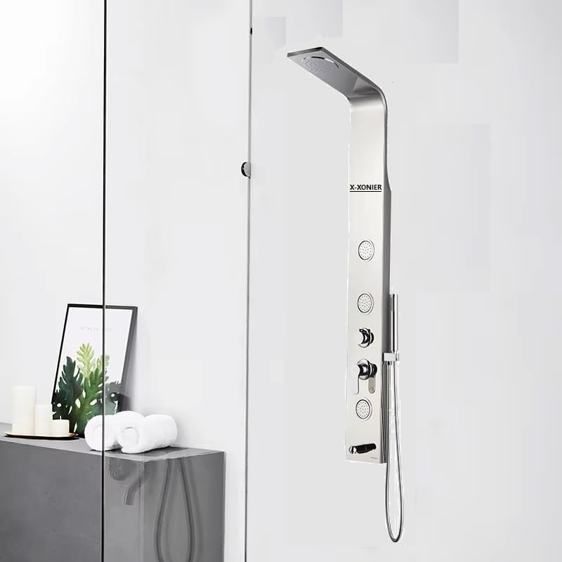 X-XONIER Stainless Steel 304 Grade Shower Panel 4-in-1 Tower System Rainfall shower Body Massage Spray Handheld shower Easy Connect Matt Finish B Silver - Image 2