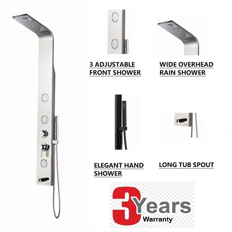 X-XONIER Stainless Steel 304 Grade Shower Panel 4-in-1 Tower System Rainfall shower Body Massage Spray Handheld shower Easy Connect Matt Finish B Silver - Image 3