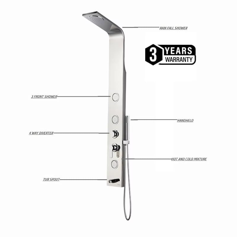 X-XONIER Stainless Steel 304 Grade Shower Panel 4-in-1 Tower System Rainfall shower Body Massage Spray Handheld shower Easy Connect Matt Finish B Silver - Image 4