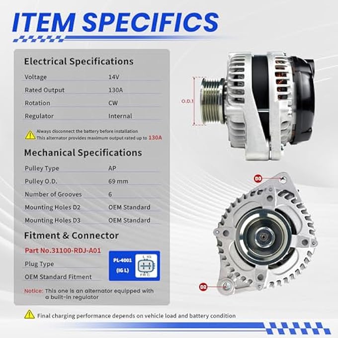 TSSLIIN High Output Alternator for/Honda Odyssey 2005-2007 Pilot for/Ridgeline 2007 2008 for/Acura MDX RL TL 3.2L 3.5L 3.7L, 130Amp 12V CW 6-Groove Pulley 31100-RDJ-A01 - Image 3