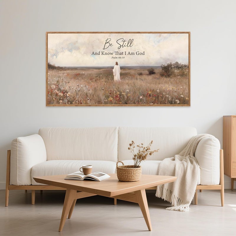 Aurlan Be Still And Know That I Am God Psalm 46:10 Wall Art(40"x20"), Boho Jesus Christian Bible Verse Scripture Canvas Artwork, Large Vintage Abstract Wildflowers Meadow Landscape Decor for Home Dining Room Christ Gift - Image 5