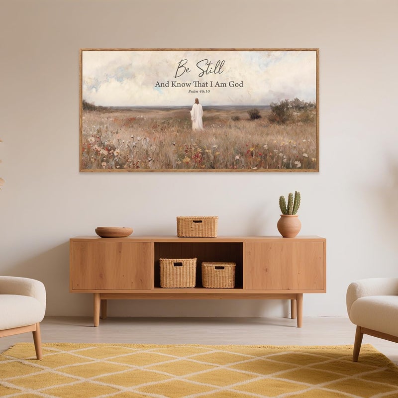 Aurlan Be Still And Know That I Am God Psalm 46:10 Wall Art(40"x20"), Boho Jesus Christian Bible Verse Scripture Canvas Artwork, Large Vintage Abstract Wildflowers Meadow Landscape Decor for Home Dining Room Christ Gift - Image 3