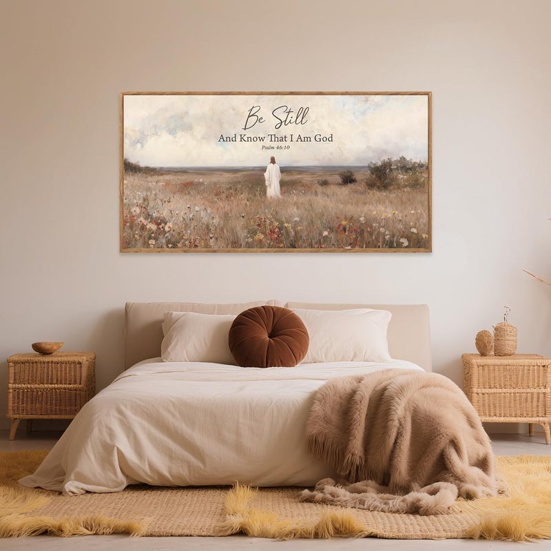 Aurlan Be Still And Know That I Am God Psalm 46:10 Wall Art(40"x20"), Boho Jesus Christian Bible Verse Scripture Canvas Artwork, Large Vintage Abstract Wildflowers Meadow Landscape Decor for Home Dining Room Christ Gift - Image 4