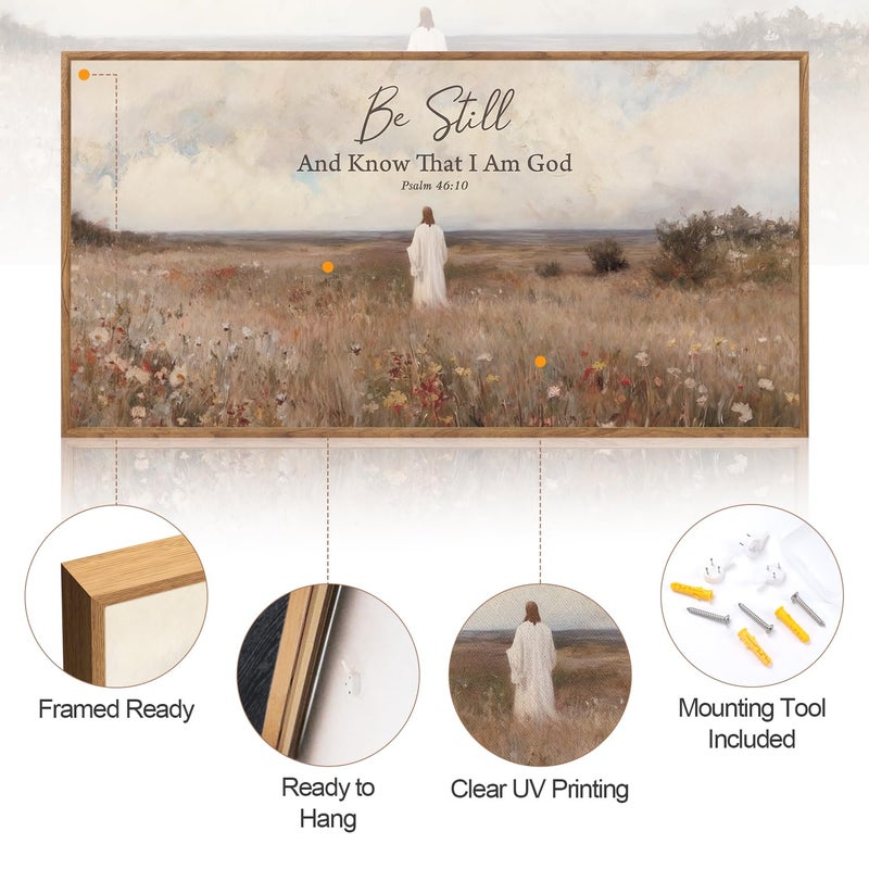 Aurlan Be Still And Know That I Am God Psalm 46:10 Wall Art(40"x20"), Boho Jesus Christian Bible Verse Scripture Canvas Artwork, Large Vintage Abstract Wildflowers Meadow Landscape Decor for Home Dining Room Christ Gift - Image 2