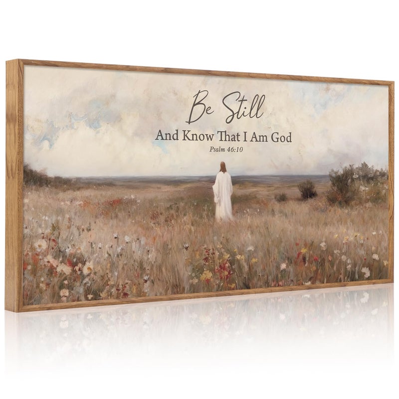 Aurlan Be Still And Know That I Am God Psalm 46:10 Wall Art(40"x20"), Boho Jesus Christian Bible Verse Scripture Canvas Artwork, Large Vintage Abstract Wildflowers Meadow Landscape Decor for Home Dining Room Christ Gift - Image 1