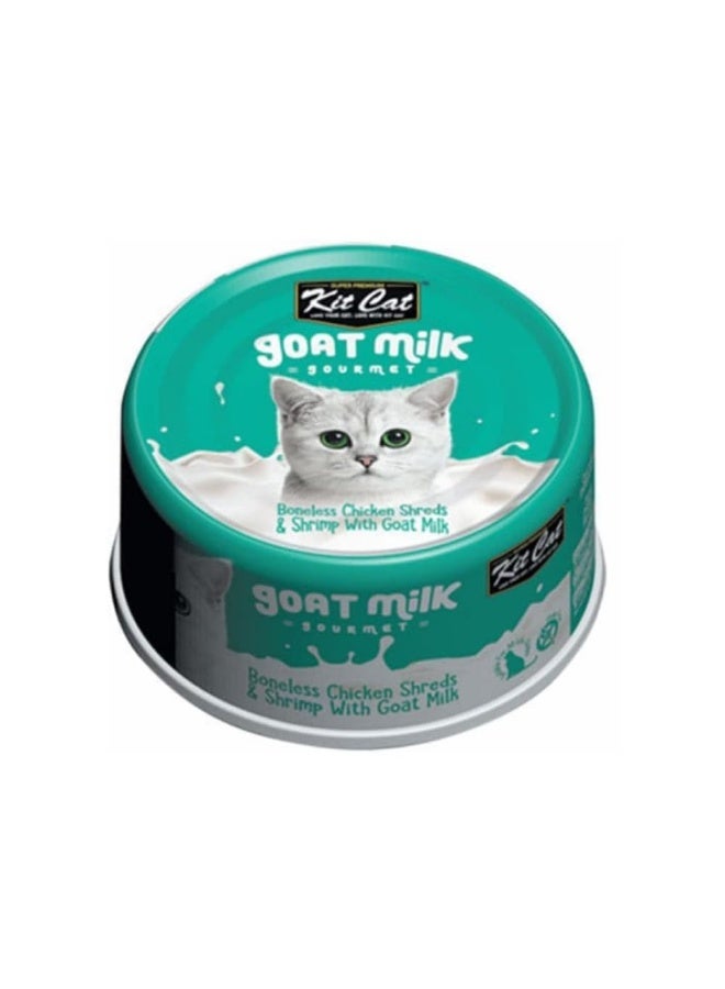 كيت كات طعام القطط الرطب من كيت كات بحليب الماعز جورميه، دجاج وروبيان منزوع العظم، مع حليب الماعز، تركيبة غنية بالبروتين خالية من الحبوب، لجميع مراحل الحياة