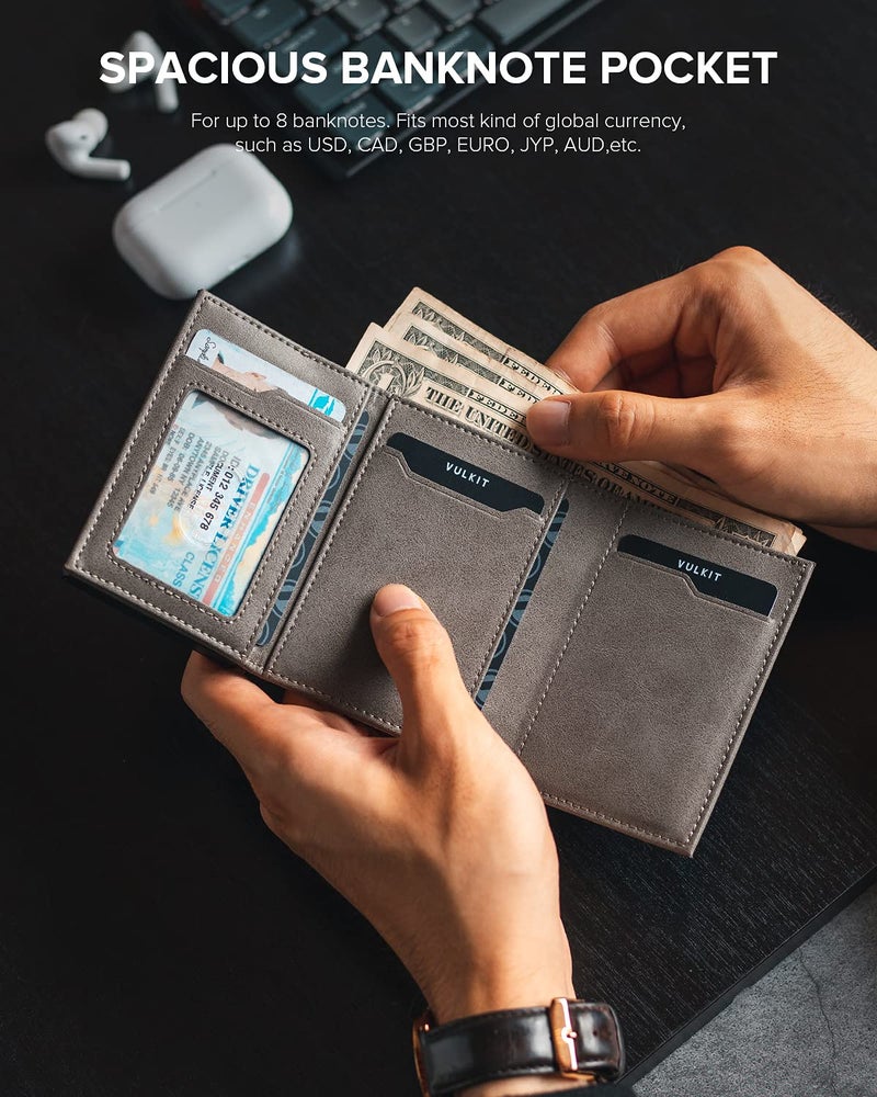 VULKIT محفظة حامل بطاقات VULKIT مع جيب عملات وإغلاق مغناطيسي وبطاقات قابلة للظهور مع نافذة هوية محفظة جلدية للنقود وبطاقات الائتمان، رمادي - Image 4