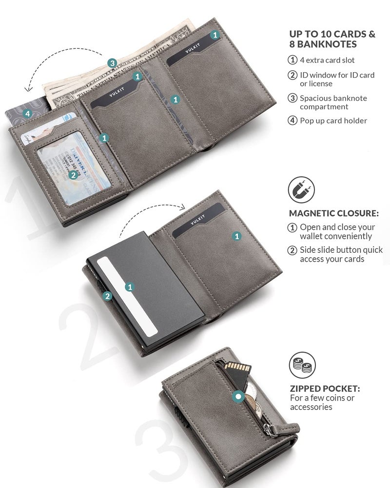 VULKIT محفظة حامل بطاقات VULKIT مع جيب عملات وإغلاق مغناطيسي وبطاقات قابلة للظهور مع نافذة هوية محفظة جلدية للنقود وبطاقات الائتمان، رمادي - Image 2