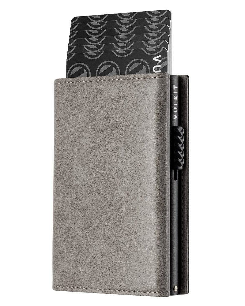 VULKIT محفظة حامل بطاقات VULKIT مع جيب عملات وإغلاق مغناطيسي وبطاقات قابلة للظهور مع نافذة هوية محفظة جلدية للنقود وبطاقات الائتمان، رمادي - Image 1