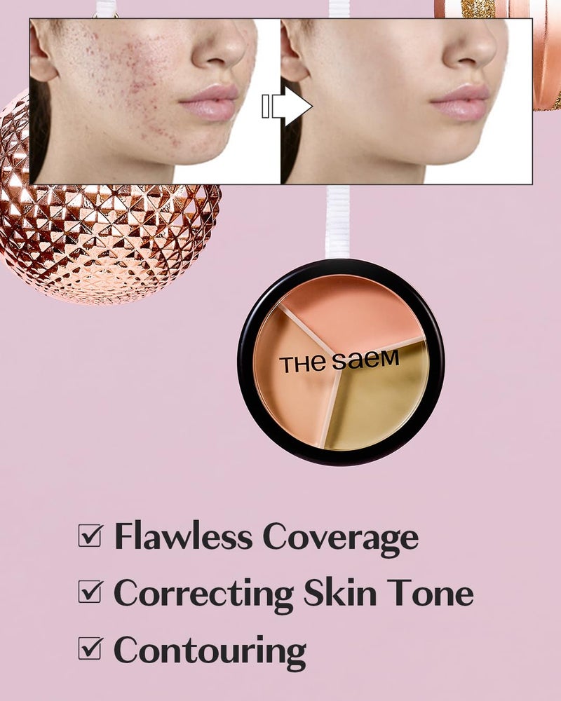 THESAEM Cover Perfection Triple Pot Concealer 2-Pack Set - 01 Correct Beige & 02 Contour Beige Bundle - 6-Color Multi Concealer Palette Kit - Korean Makeup with Sweet Almond Oil for Complete Coverage - Image 2