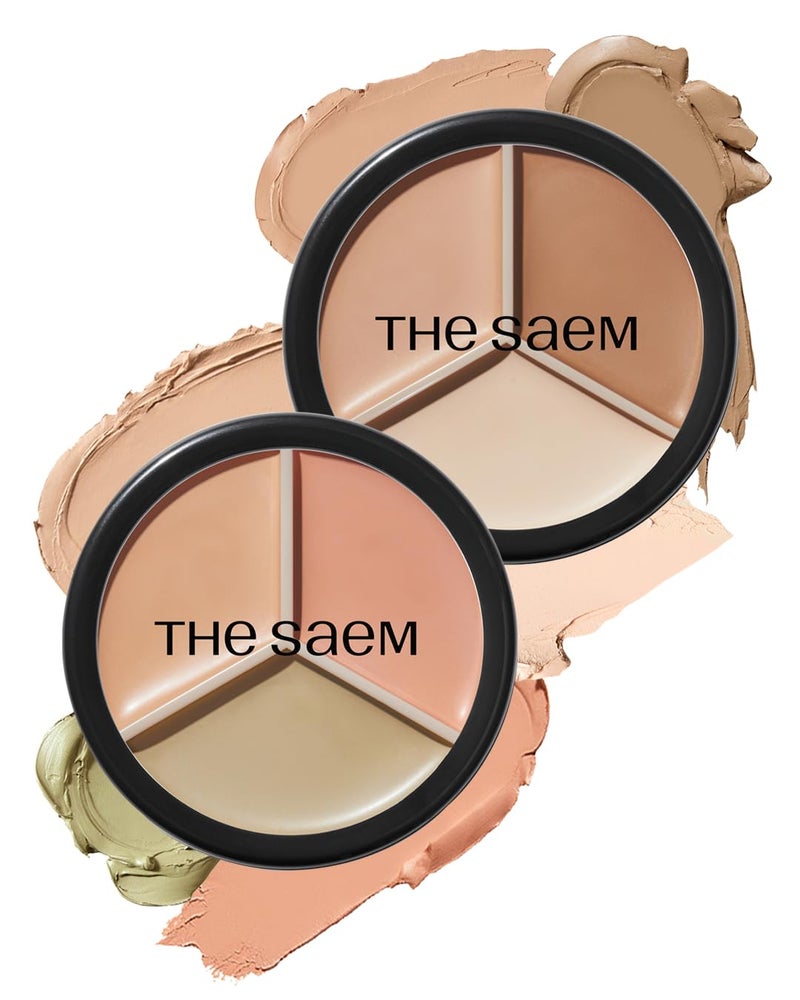 THESAEM Cover Perfection Triple Pot Concealer 2-Pack Set - 01 Correct Beige & 02 Contour Beige Bundle - 6-Color Multi Concealer Palette Kit - Korean Makeup with Sweet Almond Oil for Complete Coverage - Image 1