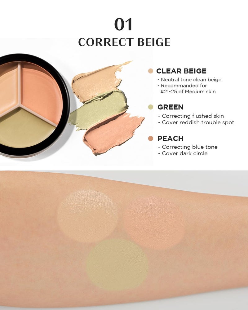 THESAEM Cover Perfection Triple Pot Concealer 2-Pack Set - 01 Correct Beige & 02 Contour Beige Bundle - 6-Color Multi Concealer Palette Kit - Korean Makeup with Sweet Almond Oil for Complete Coverage - Image 3
