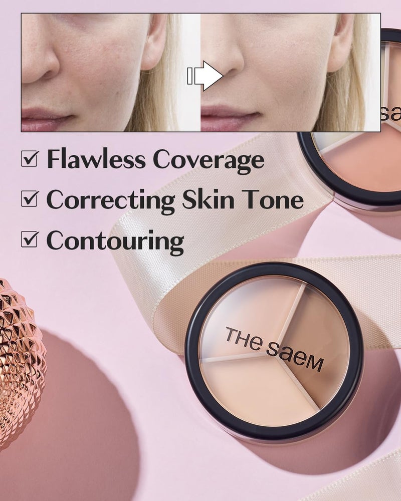 THESAEM Cover Perfection Triple Pot Concealer 2-Pack Set - 01 Correct Beige & 02 Contour Beige Bundle - 6-Color Multi Concealer Palette Kit - Korean Makeup with Sweet Almond Oil for Complete Coverage - Image 4