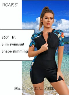 roaiss Women One Piece Swimsuit Color Block Surf Clothes Short Sleeve Swimwear Conservative Beachwear Bathing Suit Sports Suits Jumpsuit  - Image 4