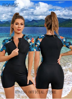 roaiss Women One Piece Swimsuit Color Block Surf Clothes Short Sleeve Swimwear Conservative Beachwear Bathing Suit Sports Suits Jumpsuit  - Image 2