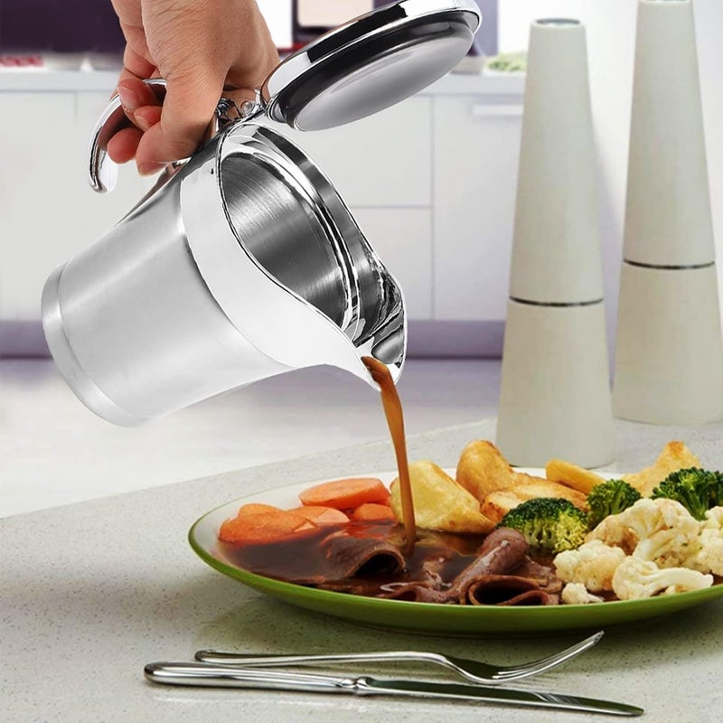 750ML Gravy Boat 304 Stainless Steel Sauce Jug, Double Walled Steak Sauce Pot with Lid, Insulated Gravy Boat for Holiday Family Meals, Ergonomic Non Drip Spout - Image 4