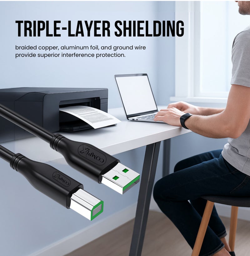 COMPIX USB 2.0 Printer Cable 1.5M (A to B), High-Speed 480Mbps, Silver-Plated & Triple Shielded Braided Cord for HP DeskJet, Laptop, Canon, Brother, Lexmark, Envy, Scanner, Fax, Digital Piano, PC - Image 4