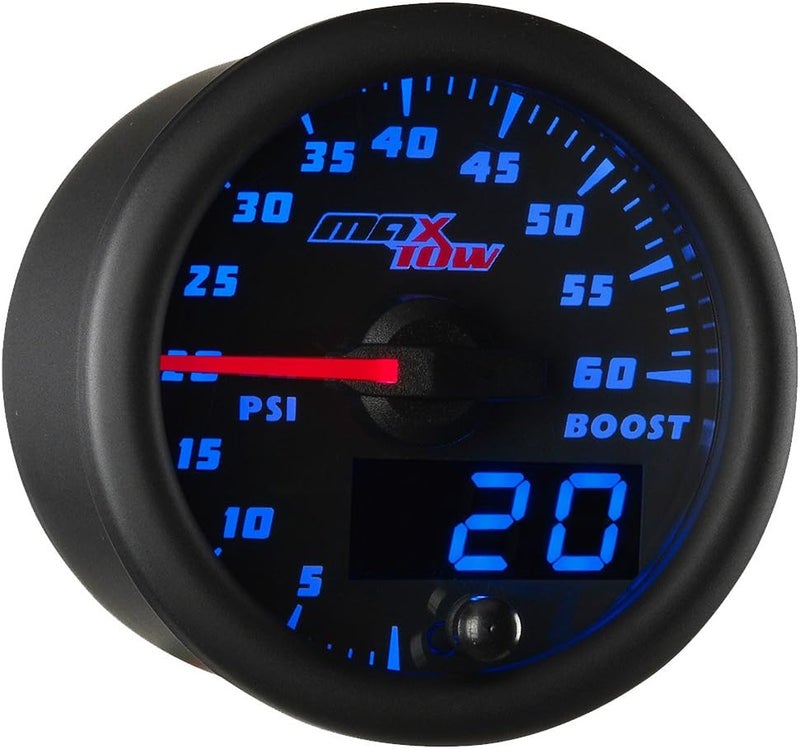 MaxTow Double Vision 60 PSI Turbo Boost Gauge Kit - Includes Electronic Pressure Sensor - Black Gauge Face - Blue LED Illuminated Dial - Analog & Digital Readouts - for Diesel Trucks - 2-1/16" 52mm - Image 1