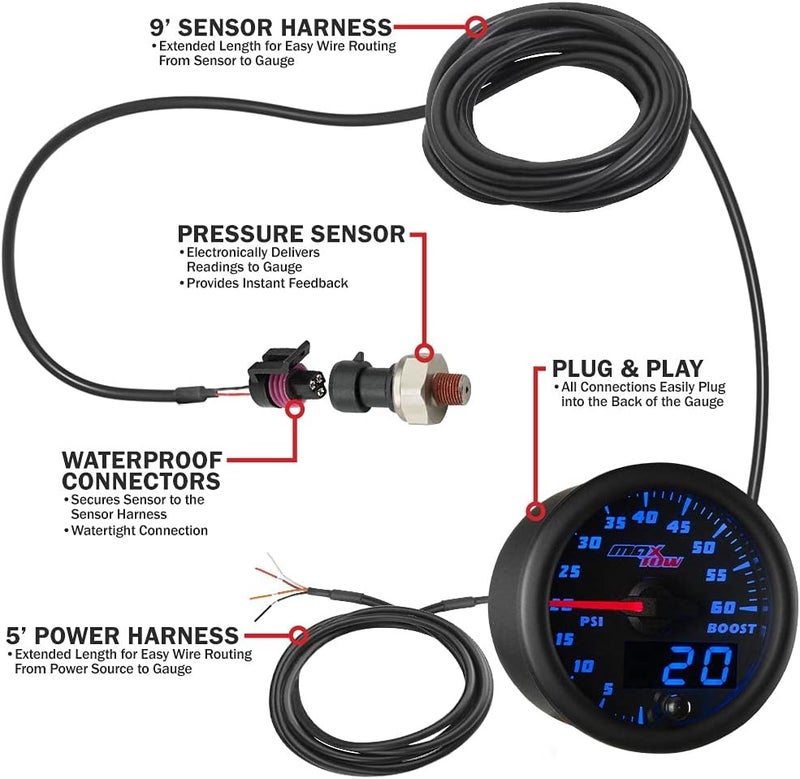 MaxTow Double Vision 60 PSI Turbo Boost Gauge Kit - Includes Electronic Pressure Sensor - Black Gauge Face - Blue LED Illuminated Dial - Analog & Digital Readouts - for Diesel Trucks - 2-1/16" 52mm - Image 3