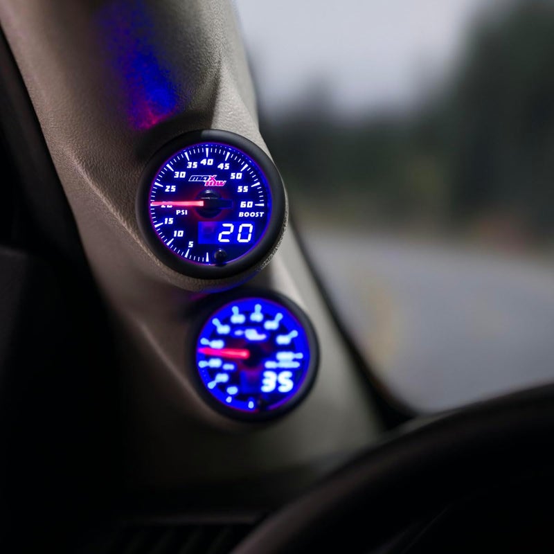 MaxTow Double Vision 60 PSI Turbo Boost Gauge Kit - Includes Electronic Pressure Sensor - Black Gauge Face - Blue LED Illuminated Dial - Analog & Digital Readouts - for Diesel Trucks - 2-1/16" 52mm - Image 2