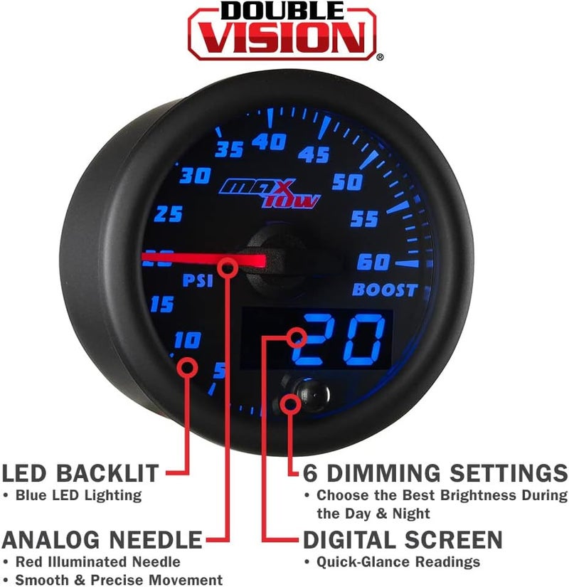 MaxTow Double Vision 60 PSI Turbo Boost Gauge Kit - Includes Electronic Pressure Sensor - Black Gauge Face - Blue LED Illuminated Dial - Analog & Digital Readouts - for Diesel Trucks - 2-1/16" 52mm - Image 4