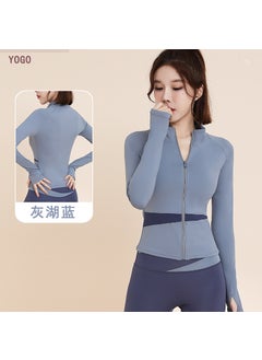 Womens Yoga Suit 2025 New Style Pullover Training Fitness Top Morning Running Quick Dry Sport Color Block Long Sleeve Jacket Grey Lake Blue [Contrast Coat]]
