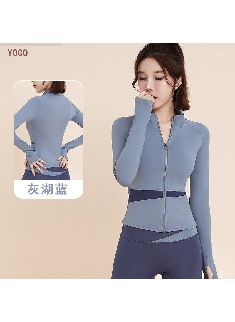 Generic - Womens Yoga Suit 2025 New Style Pullover Training Fitness Top Morning Running Quick Dry Sport Color Block Long Sleeve Jacket Grey Lake Blue [Contrast Coat]] - Image 1