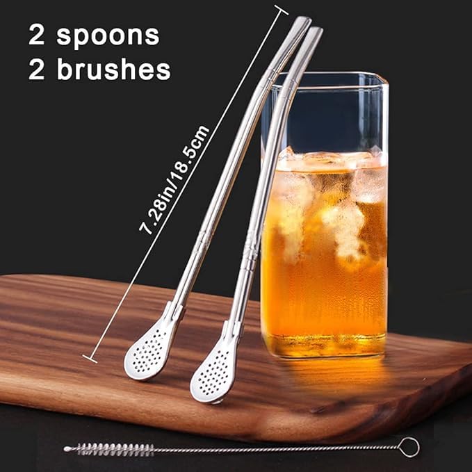 ARYAVART 2Pcs Removable Stainless Steel Straw Filter Spoon with 2 Cleaning Brush Yerba Mate Bombilla Straw Reusable Metal Straw Spoon Cocktail Stirrer for Drinking Loose Tea Ice Coffee Silver - Image 2