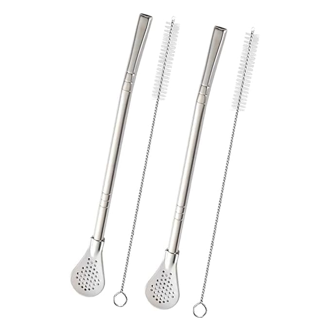 ARYAVART 2Pcs Removable Stainless Steel Straw Filter Spoon with 2 Cleaning Brush Yerba Mate Bombilla Straw Reusable Metal Straw Spoon Cocktail Stirrer for Drinking Loose Tea Ice Coffee Silver - Image 1