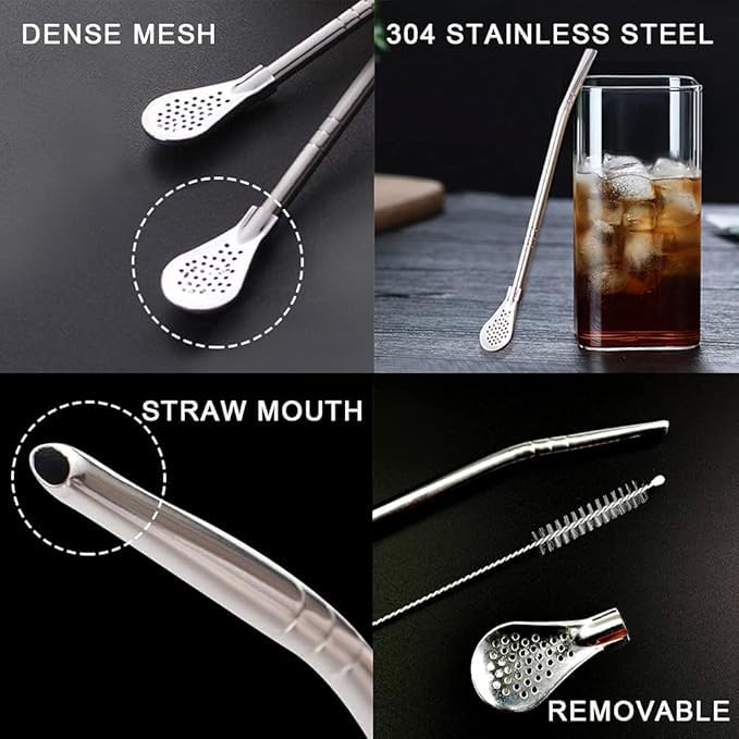 ARYAVART 2Pcs Removable Stainless Steel Straw Filter Spoon with 2 Cleaning Brush Yerba Mate Bombilla Straw Reusable Metal Straw Spoon Cocktail Stirrer for Drinking Loose Tea Ice Coffee Silver - Image 5