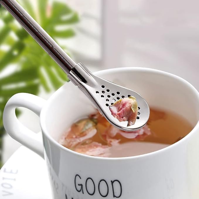 ARYAVART 2Pcs Removable Stainless Steel Straw Filter Spoon with 2 Cleaning Brush Yerba Mate Bombilla Straw Reusable Metal Straw Spoon Cocktail Stirrer for Drinking Loose Tea Ice Coffee Silver - Image 4