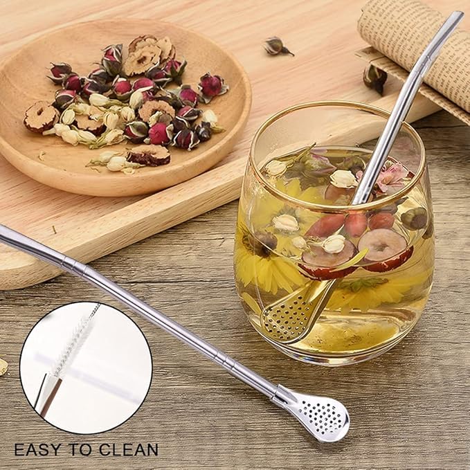 ARYAVART 2Pcs Removable Stainless Steel Straw Filter Spoon with 2 Cleaning Brush Yerba Mate Bombilla Straw Reusable Metal Straw Spoon Cocktail Stirrer for Drinking Loose Tea Ice Coffee Silver - Image 3