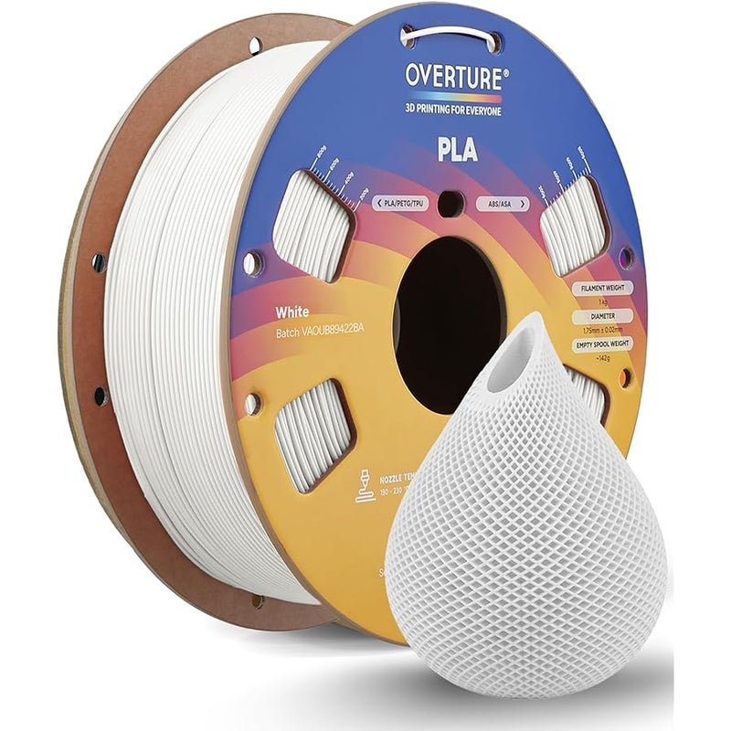 OVERTURE PLA Filament 1.75mm with 3D Build Surface 200mm x 200mm 3D Printer Consumables, 1kg Spool (2.2lbs), Dimensional Accuracy +/- 0.05 mm, Fit Most FDM Printer, White - Image 1