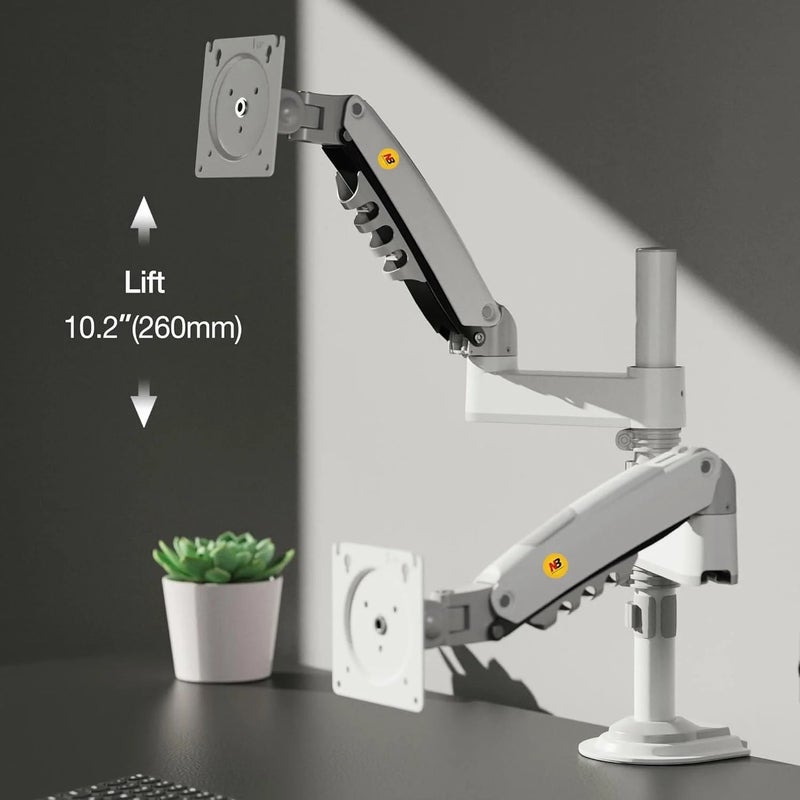 NB ERGONOMIC Dual Monitor Arm Gas Spring Desk Mount Supports Two 17" to 27" Screens up to 19.8 lbs for Each Monitor, VESA 75x75 & 100x100, 360° Rotation, Tilt & Swivel Adjustments, White - H180W - Image 2