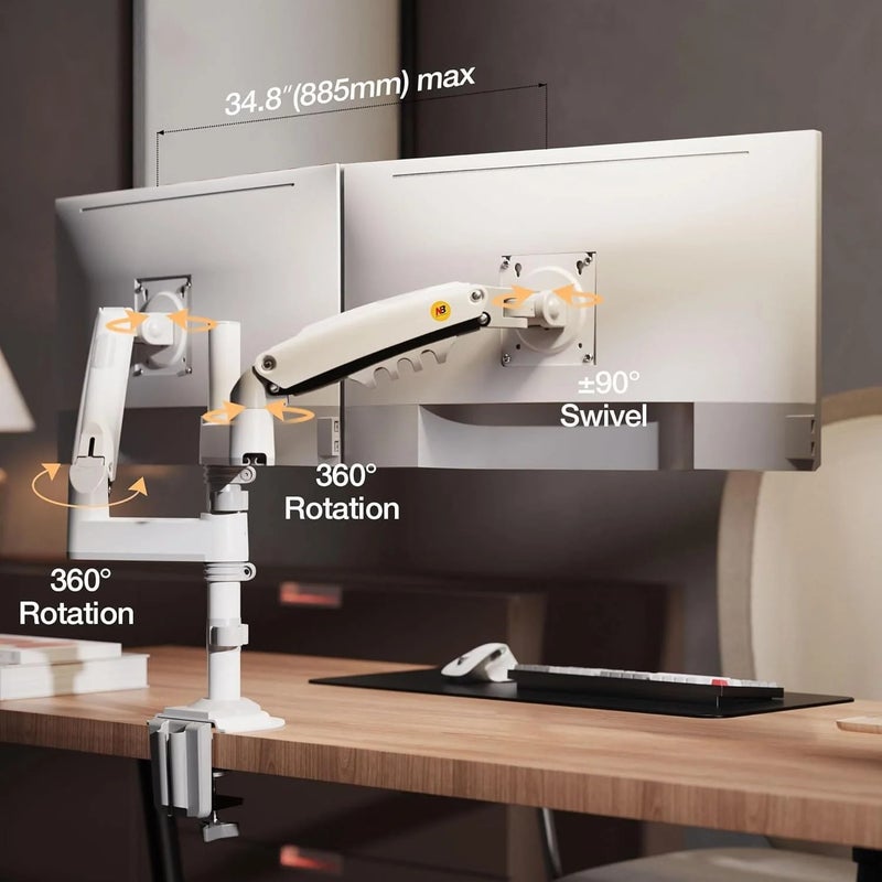 NB ERGONOMIC Dual Monitor Arm Gas Spring Desk Mount Supports Two 17" to 27" Screens up to 19.8 lbs for Each Monitor, VESA 75x75 & 100x100, 360° Rotation, Tilt & Swivel Adjustments, White - H180W - Image 4