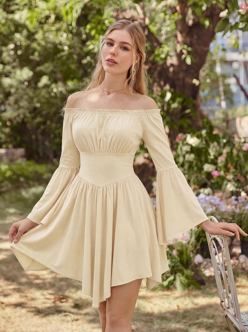 Scarlet Darkness Renaissance Costume Women Pirate Off Shoulder Bell Sleeve Fairy Dress Apricot S - Image 2