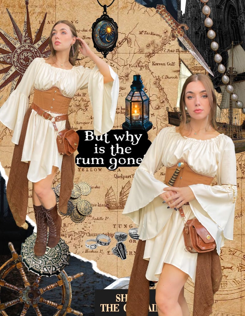 Scarlet Darkness Renaissance Costume Women Pirate Off Shoulder Bell Sleeve Fairy Dress Apricot S - Image 5