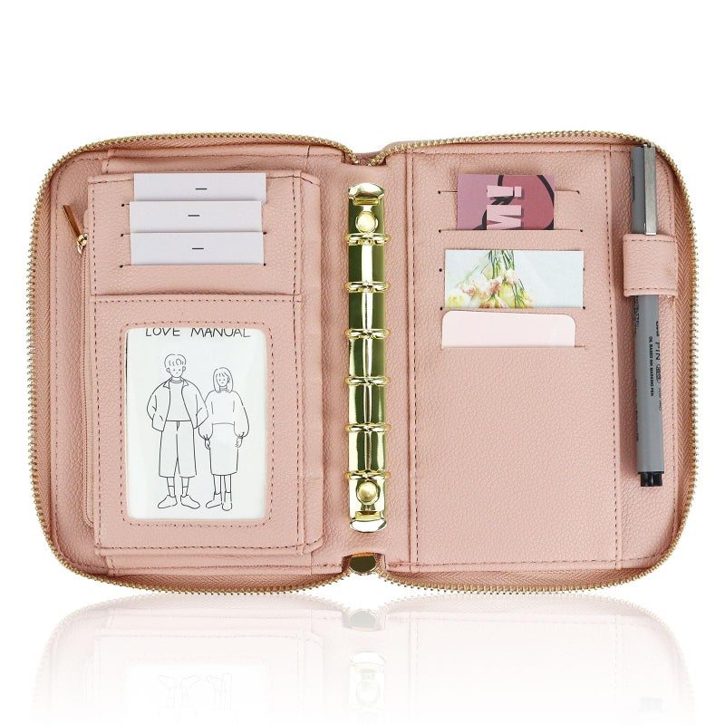 MultiBey A7 Leather Budget Binder Cash Envelopes System Wallet Budget Planner PU Leather Cover Notebook with Zipper 6 Rings Refillable Money Wallet Organizer for Cash Budgeting and Saving (Only Binder-Pink) - Image 1